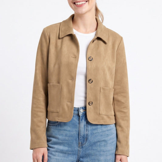 Cropped Button Front Jacket Collared Long Sleeve Patch Pocket Casual Coat