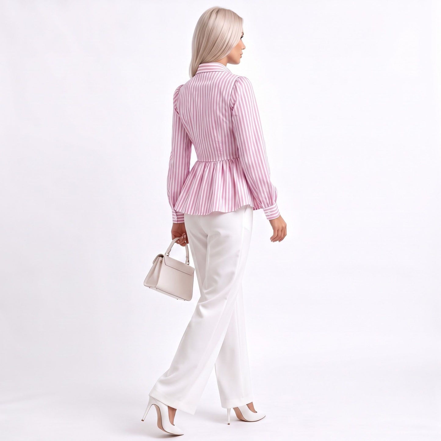 Striped Long Sleeve Button Down Peplum Shirt with Collared Neckline