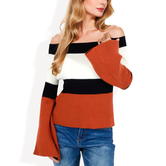 Off-Shoulder Ribbed Sweater with Color Block Flared Sleeves