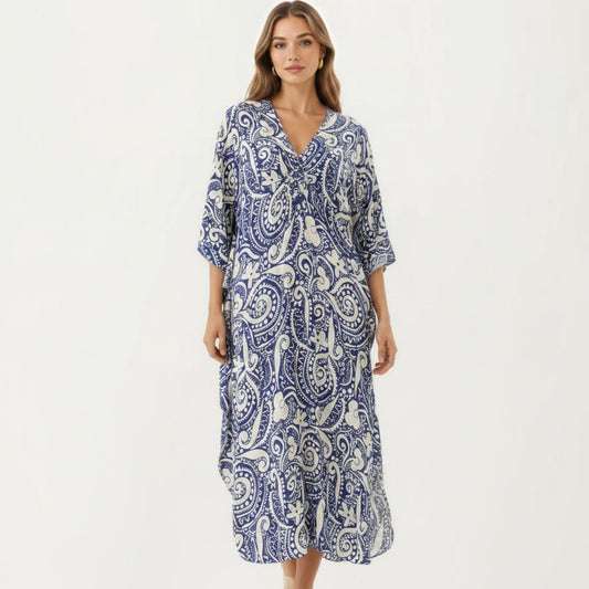 Paisley Print Maxi Dress with V-Neckline Short Sleeves and Relaxed Flowing Silhouette
