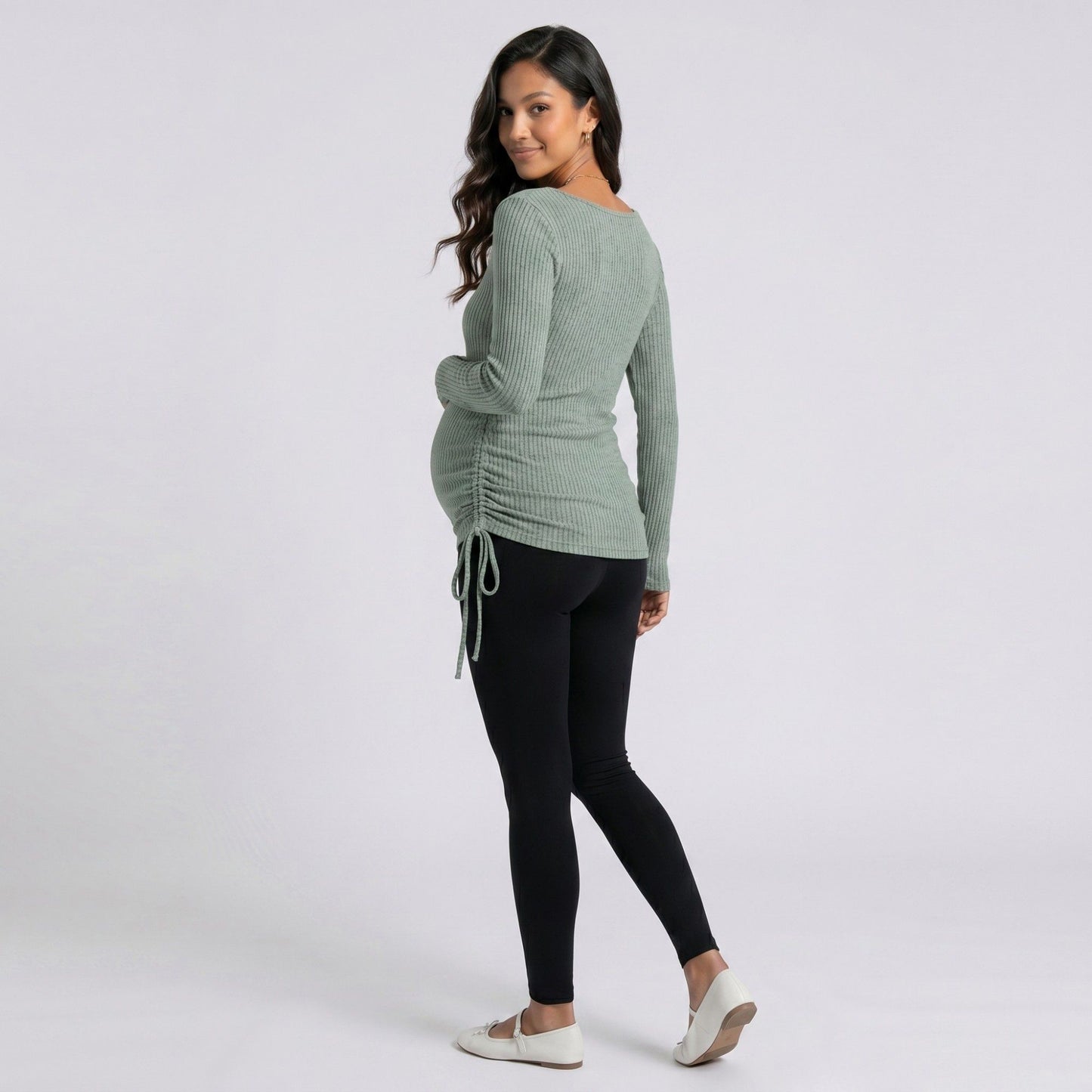 Maternity Ribbed Long Sleeve Top with Scoop Neck and Side Ruched Tie Detail