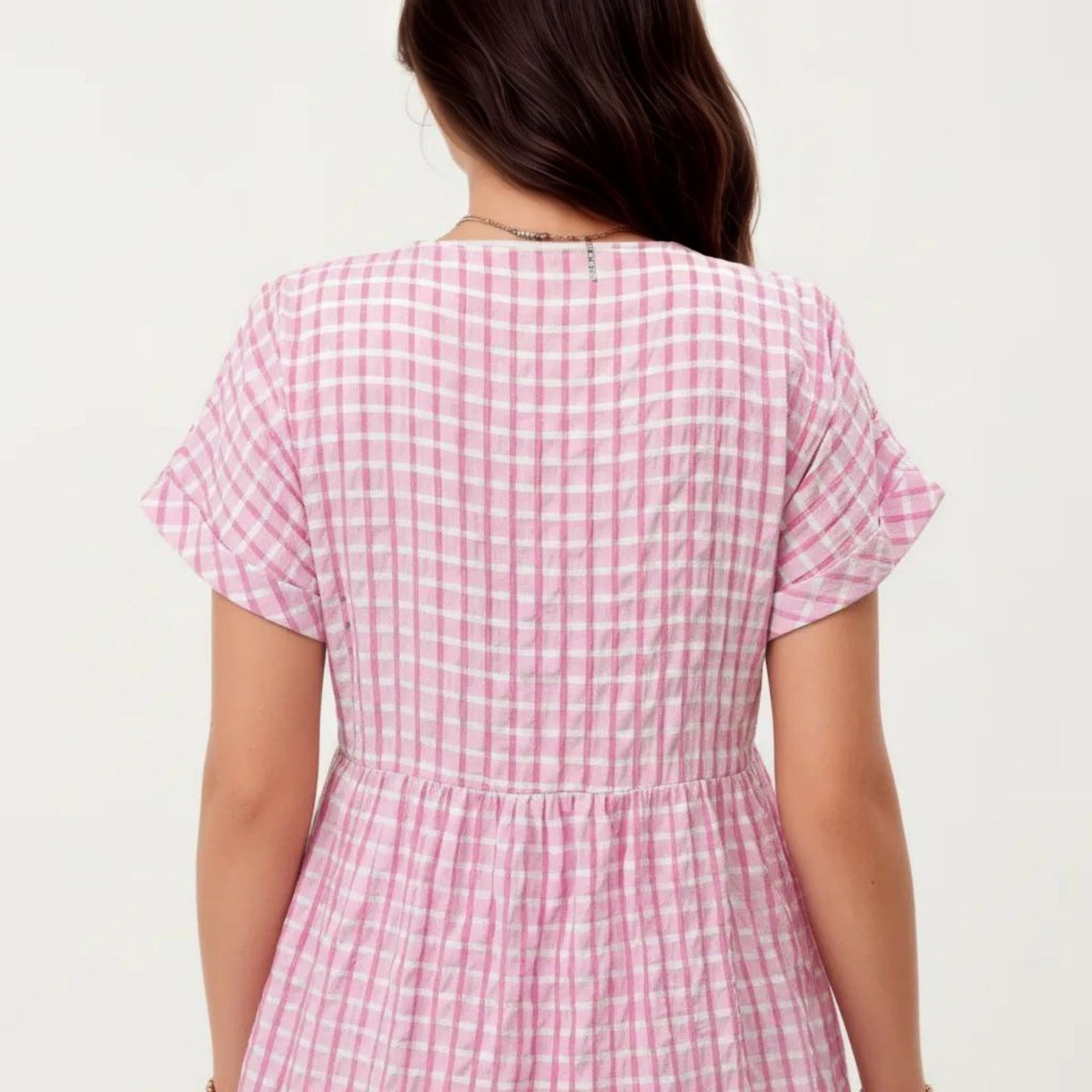 Short Sleeve V Neck Plaid Mini Dress with Tiered Hem Loose Fit Casual Lightweight Summer Dress