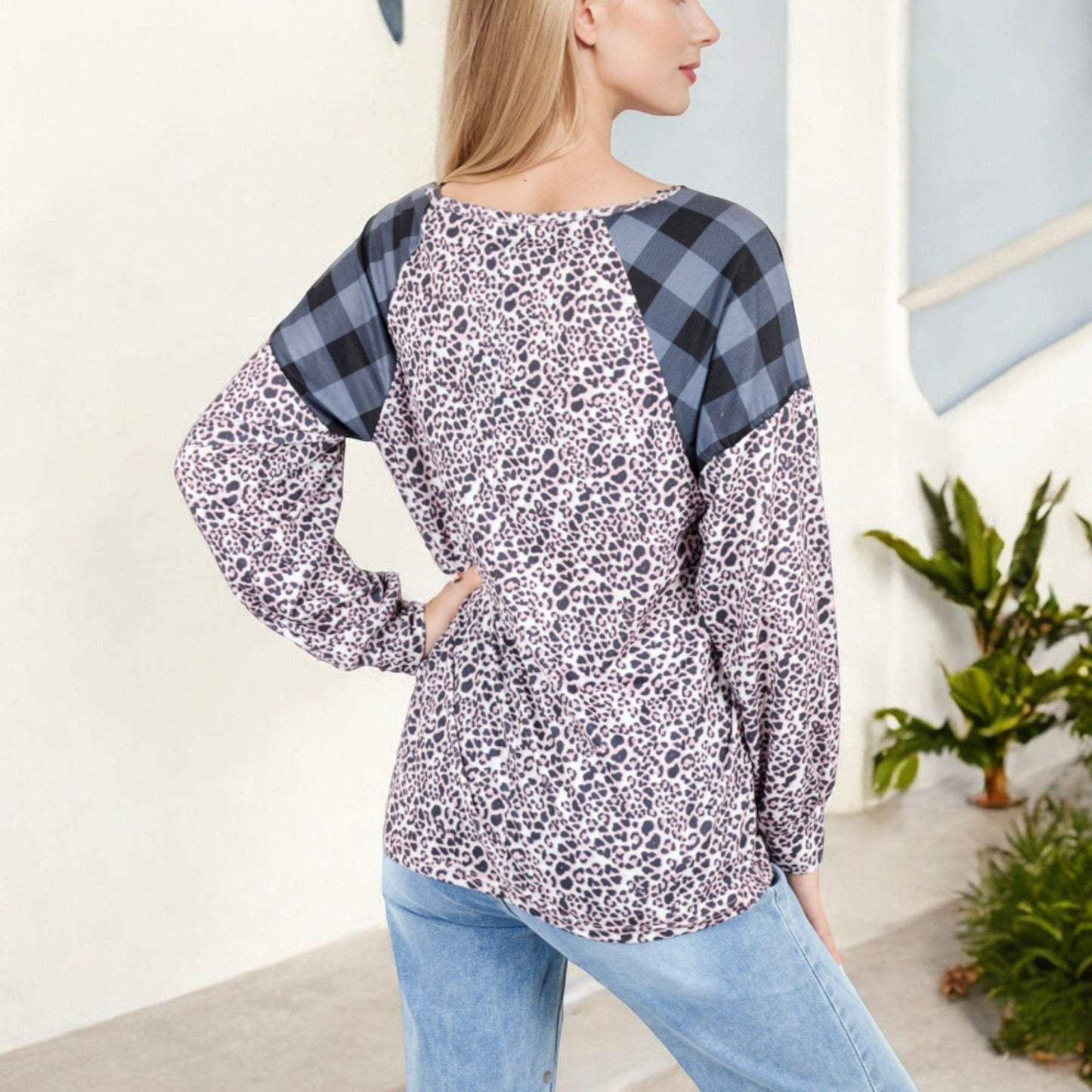 Mixed Print Long Sleeve Raglan Top Plaid Leopard Pattern
