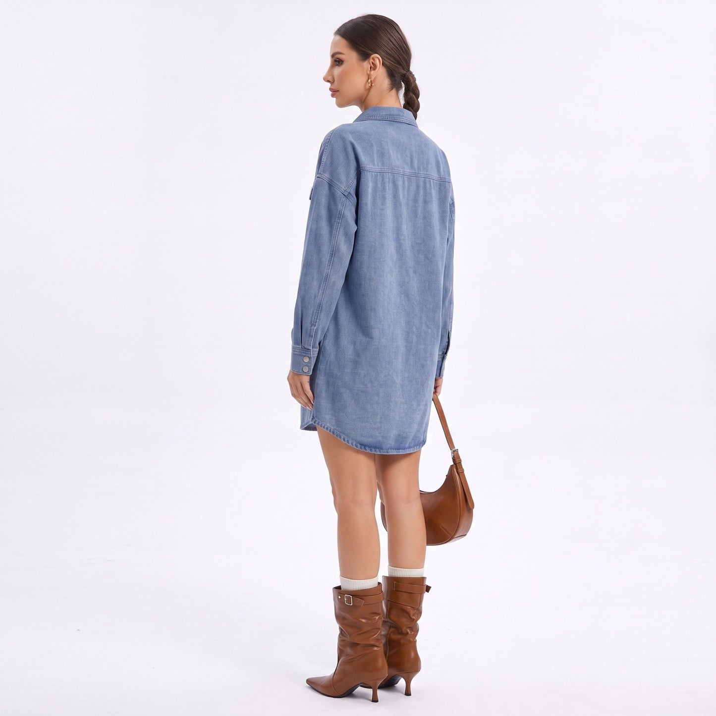 Washed Denim Shirt Jacket Long Sleeve Snap Front Oversized Shacket with Pockets