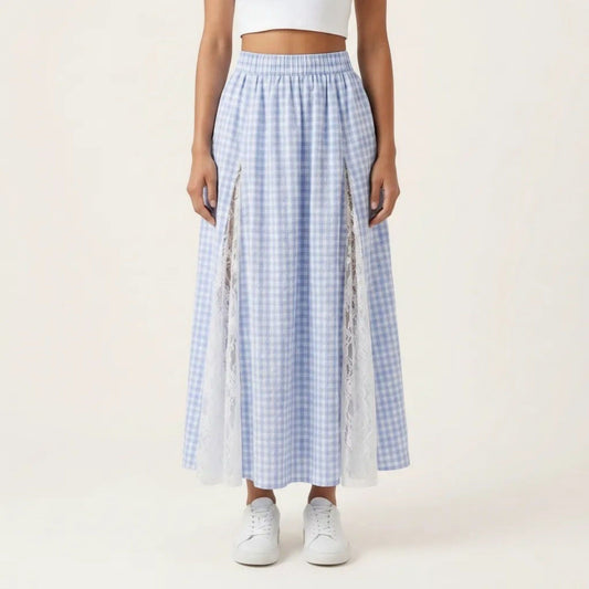 Gingham Maxi Skirt Lace Panel High Waist A Line Flowy Lightweight Casual Skirt