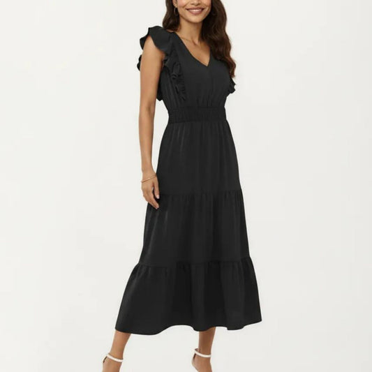 Tiered Midi Dress with Ruffle Sleeves and Smocked Waist