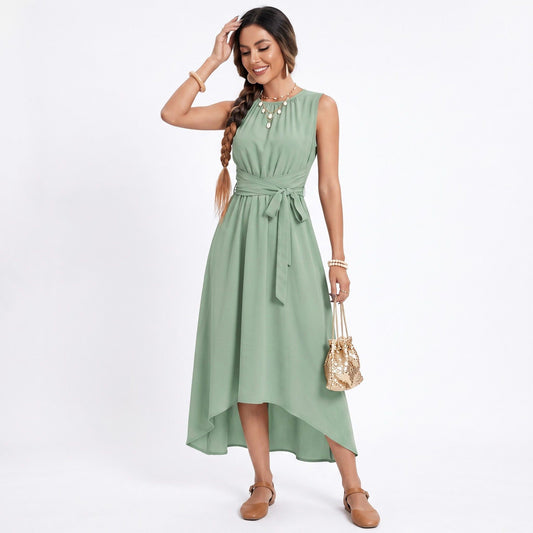 High Low Midi Dress Sleeveless Tie Waist Flowing A Line Dress