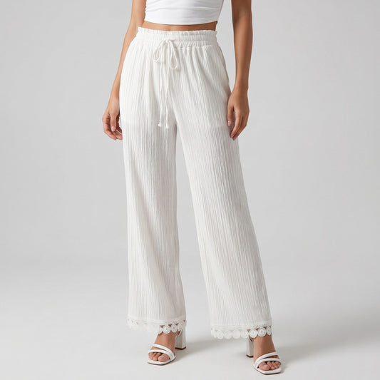 White Crinkle Wide Leg Pants Elastic Drawstring Waist Lace Trim Boho Trousers