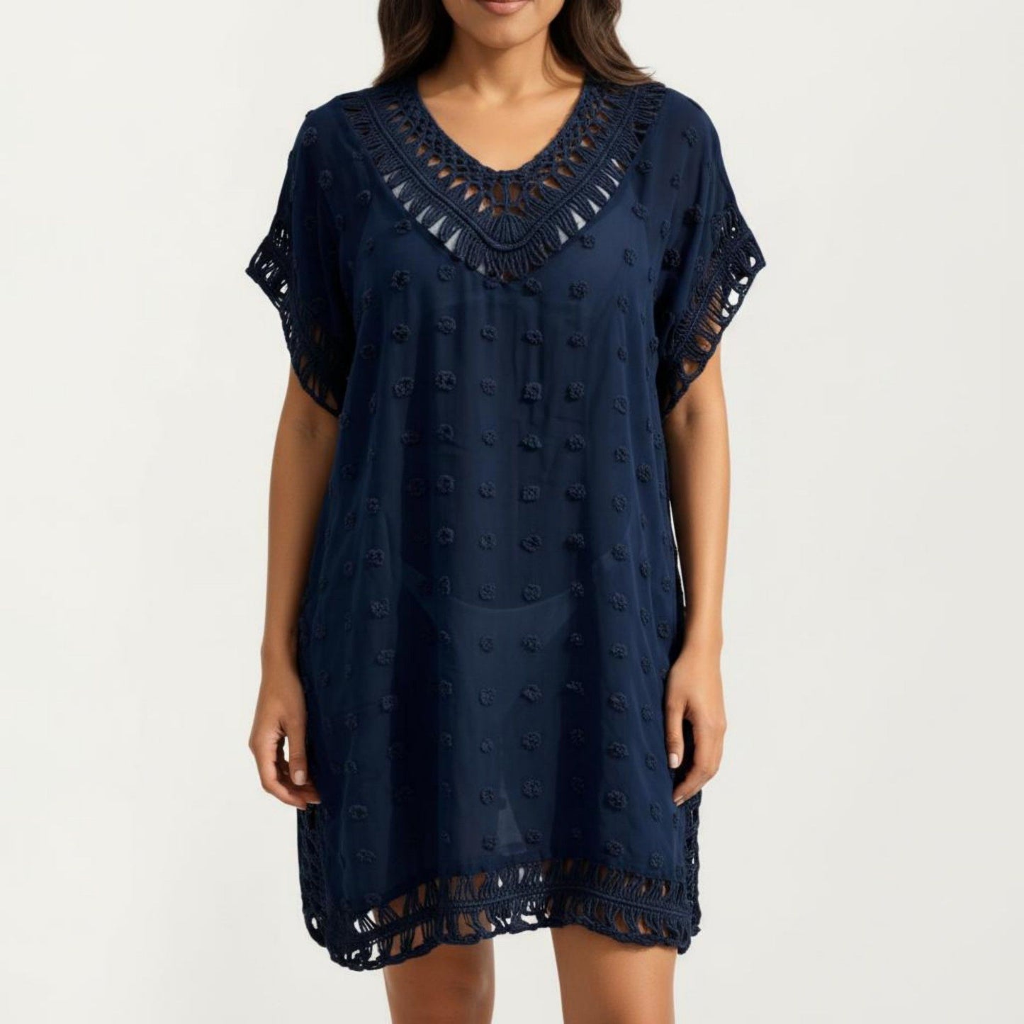 Sheer Crochet Trim Cover Up Dress with Tassel Detail Relaxed Fit and Short Sleeves