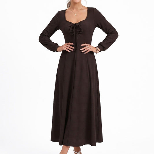 Tie Front Maxi Dress Square Neck Long Sleeve Fit and Flare Textured Dress