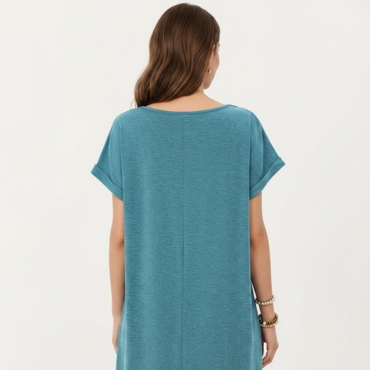 Short Sleeve Shift Dress with Split V Neck Embroidered Detail Relaxed Fit Casual Tunic Dress