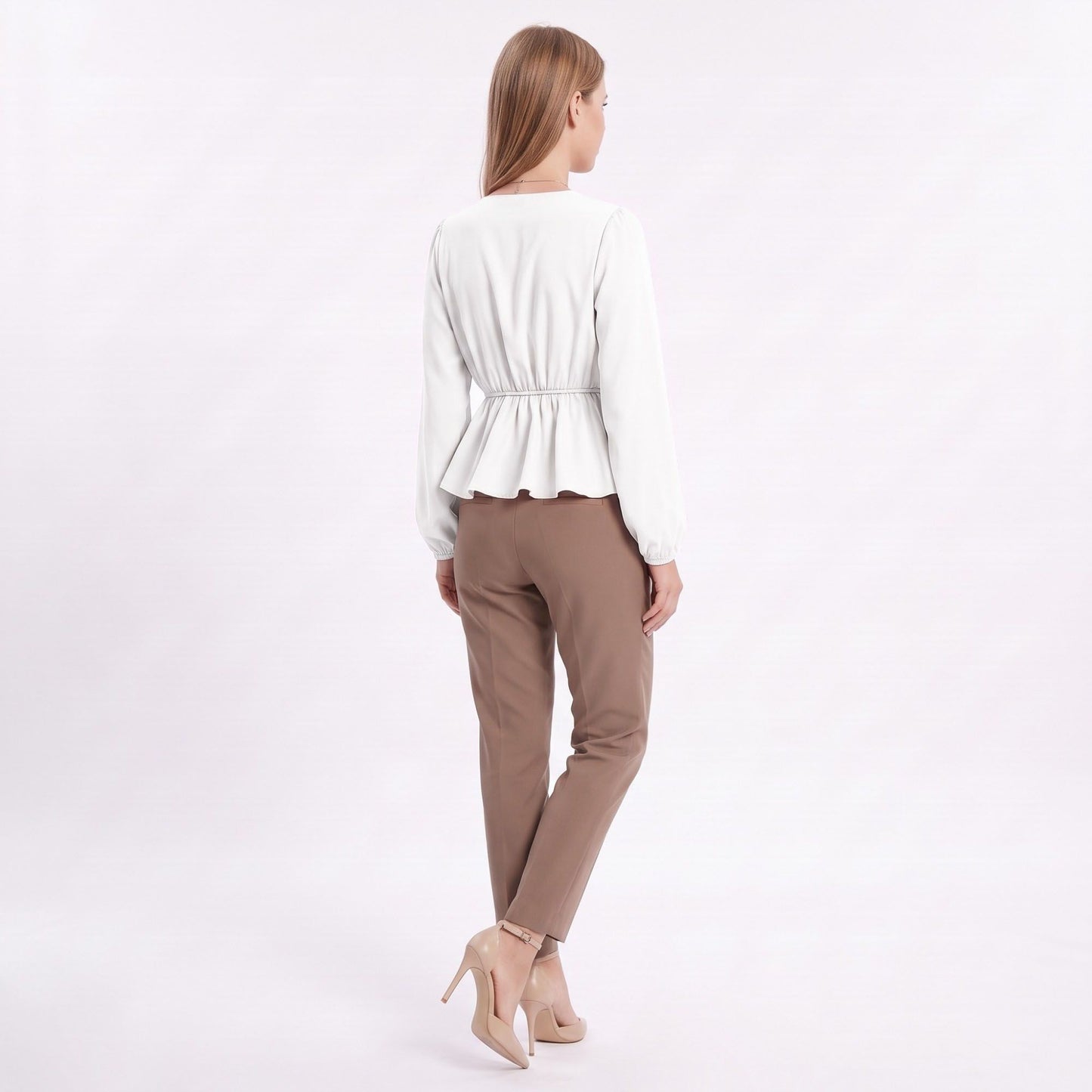 V Neck Long Sleeve Peplum Blouse Elastic Waist Casual Dressy Top