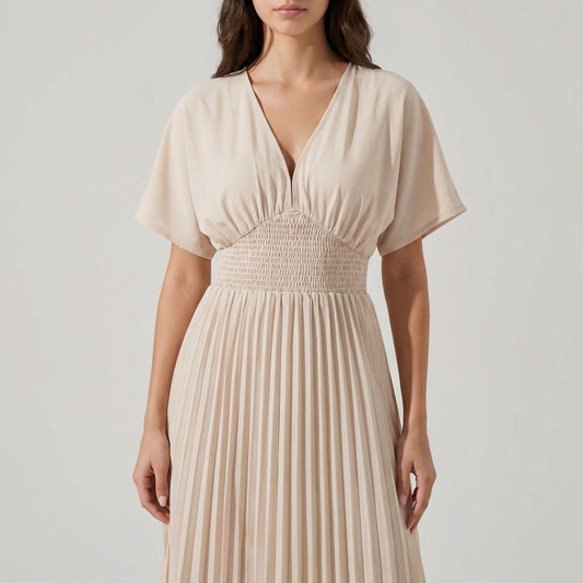 Pleated Maxi Dress with V-Neckline Short Flutter Sleeves Smocked Waist and Flowy A-Line Skirt