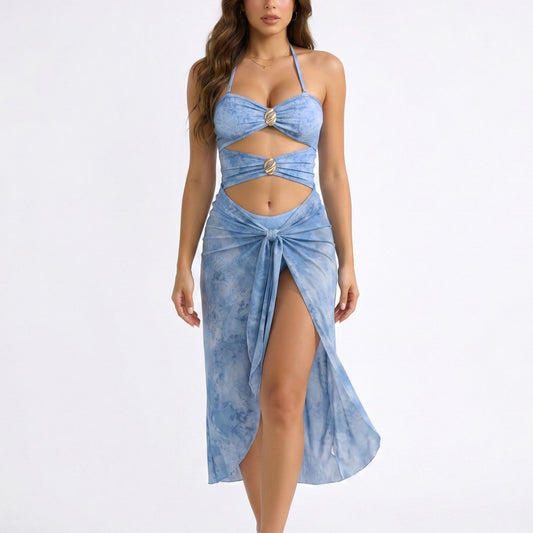 2-Piece Halter Cutout One Piece Swimsuit with Tie Front Wrap Skirt
