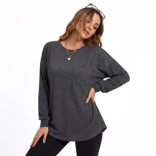 Oversized Long Sleeve Crew Neck Pocket Tunic Top