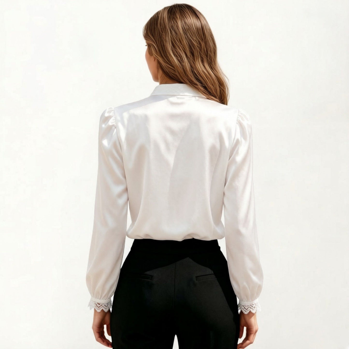 Long Sleeve Blouse with Lace Trim Front and Puff Sleeve Cuffs