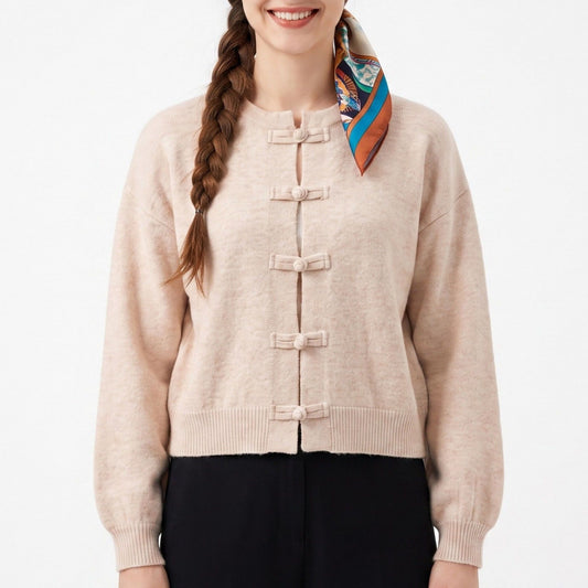 Bow Button Cardigan Crew Neck Long Sleeve Relaxed Fit Knit Sweater