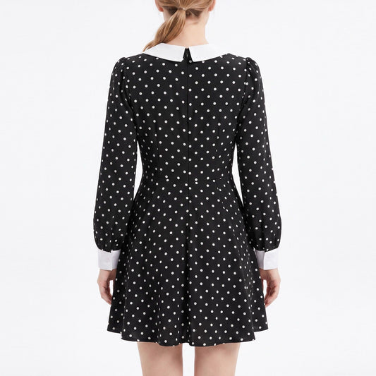 Polka Dot Mini Dress Contrast Collar Button Front Long Sleeve Fit and Flare