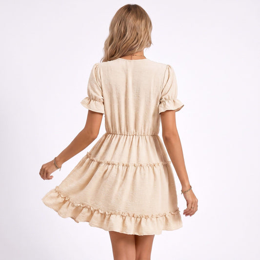 Swiss Dot V-Neck Lace Trim Tiered Ruffle Mini Dress