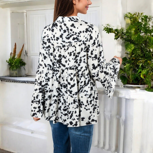 Long Sleeve Ruffle Trim Blouse with Bow Tie Neckline