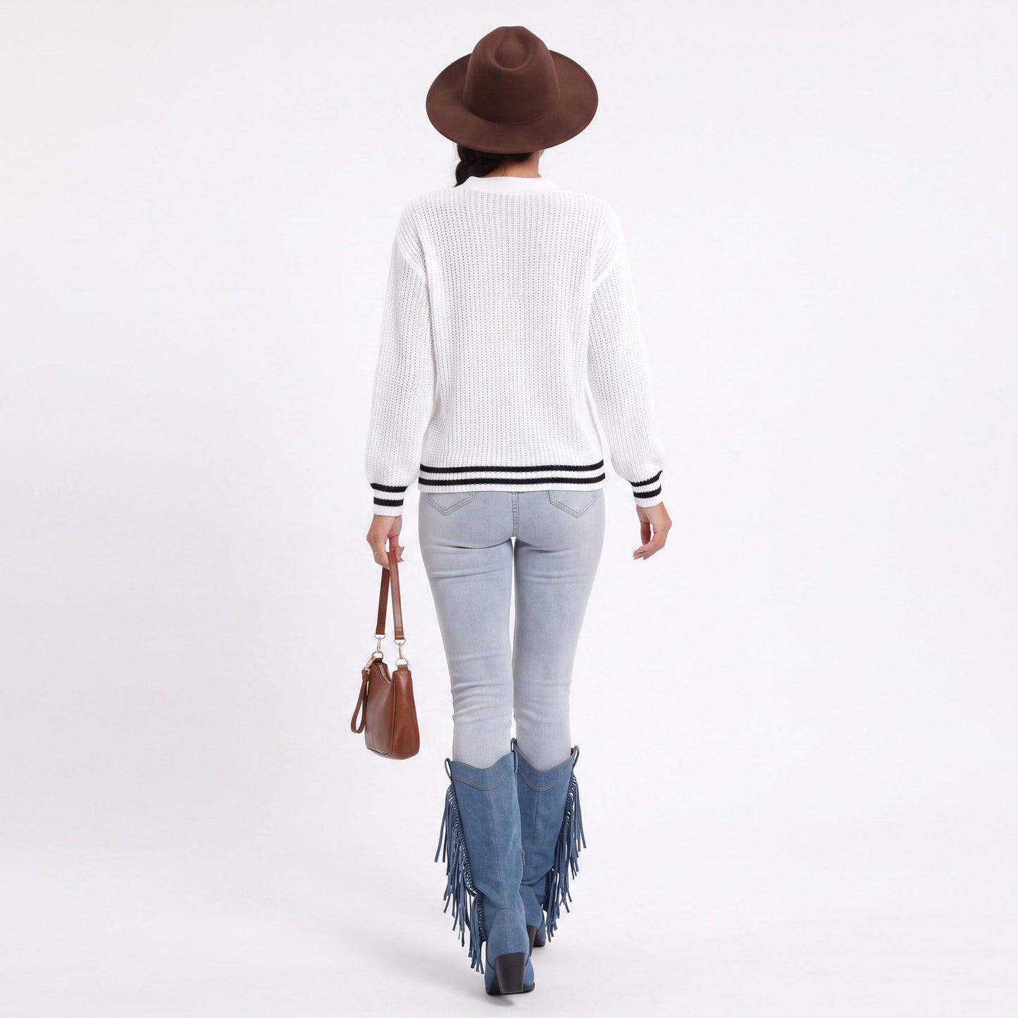 Cutout V Neck Cable Knit Long Sleeve Sweater with Contrast Stripe Trim