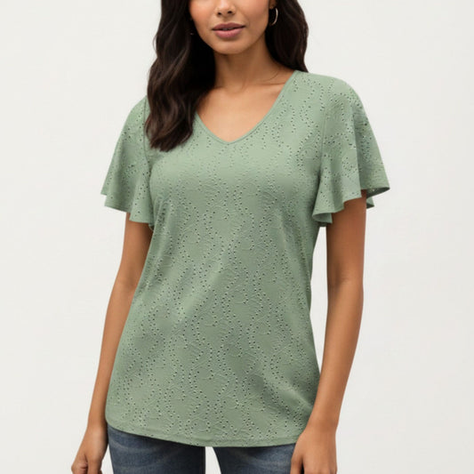 Short Sleeve Eyelet V-Neck Top with Floral Embroidery and Flutter Sleeves