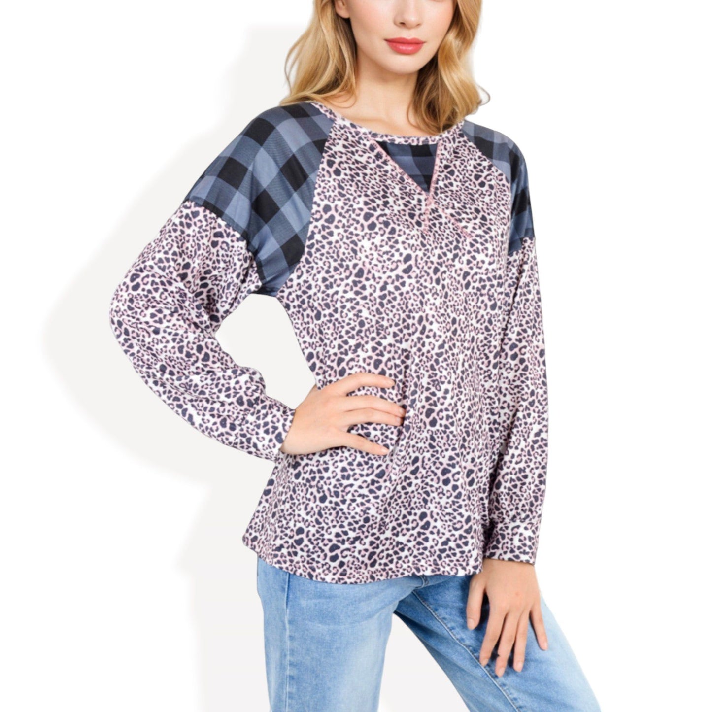 Mixed Print Long Sleeve Raglan Top Plaid Leopard Pattern
