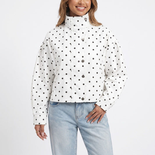 Polka Dot Stand Collar Cropped Jacket Snap Front Relaxed Fit Long Sleeve
