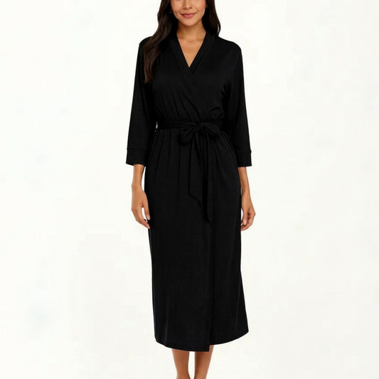Long Lightweight Robe with Shawl Collar Tie Waist Belt Front Pockets Soft Knit Robe