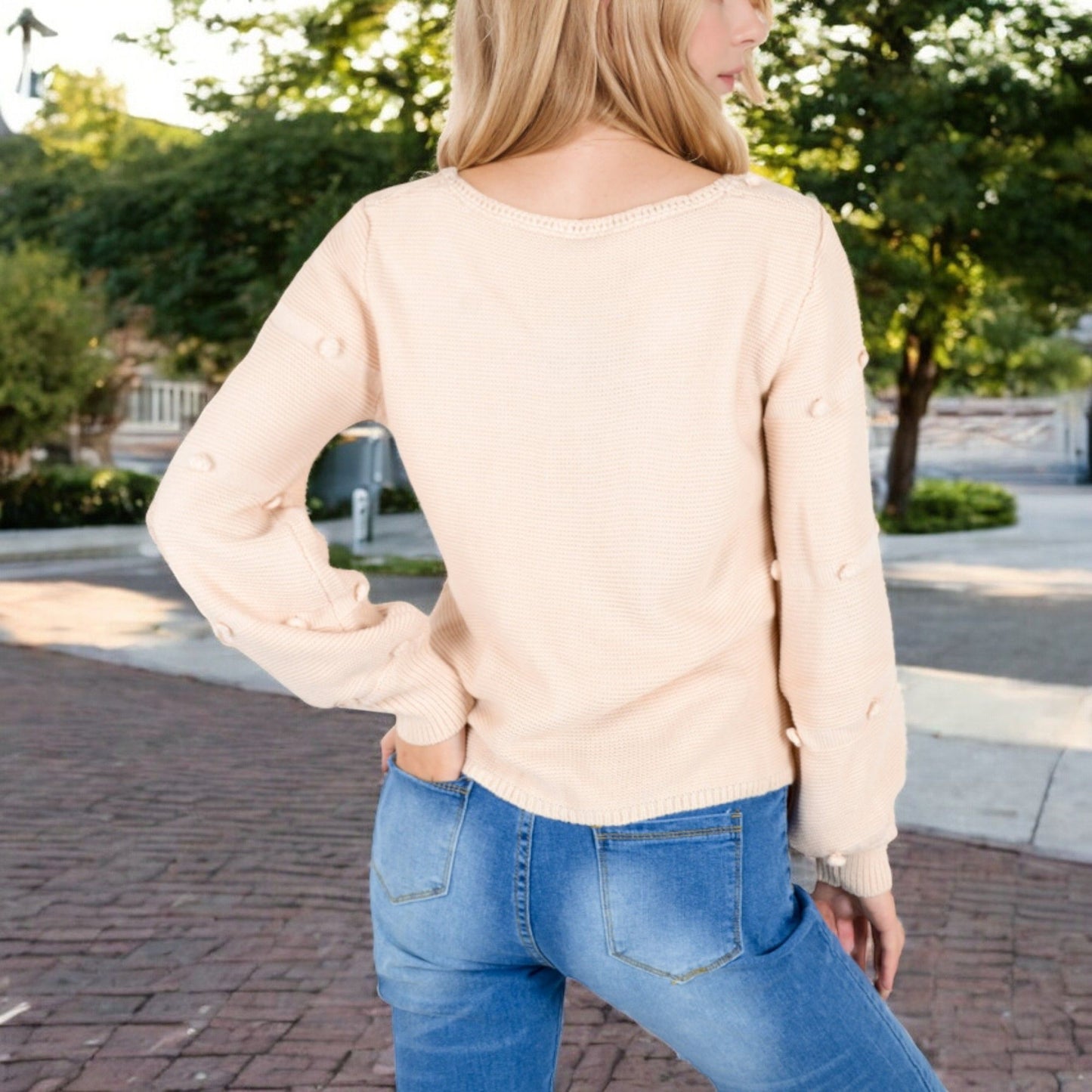 Textured Knit Sweater with Pom Pom Detailing Balloon Sleeves