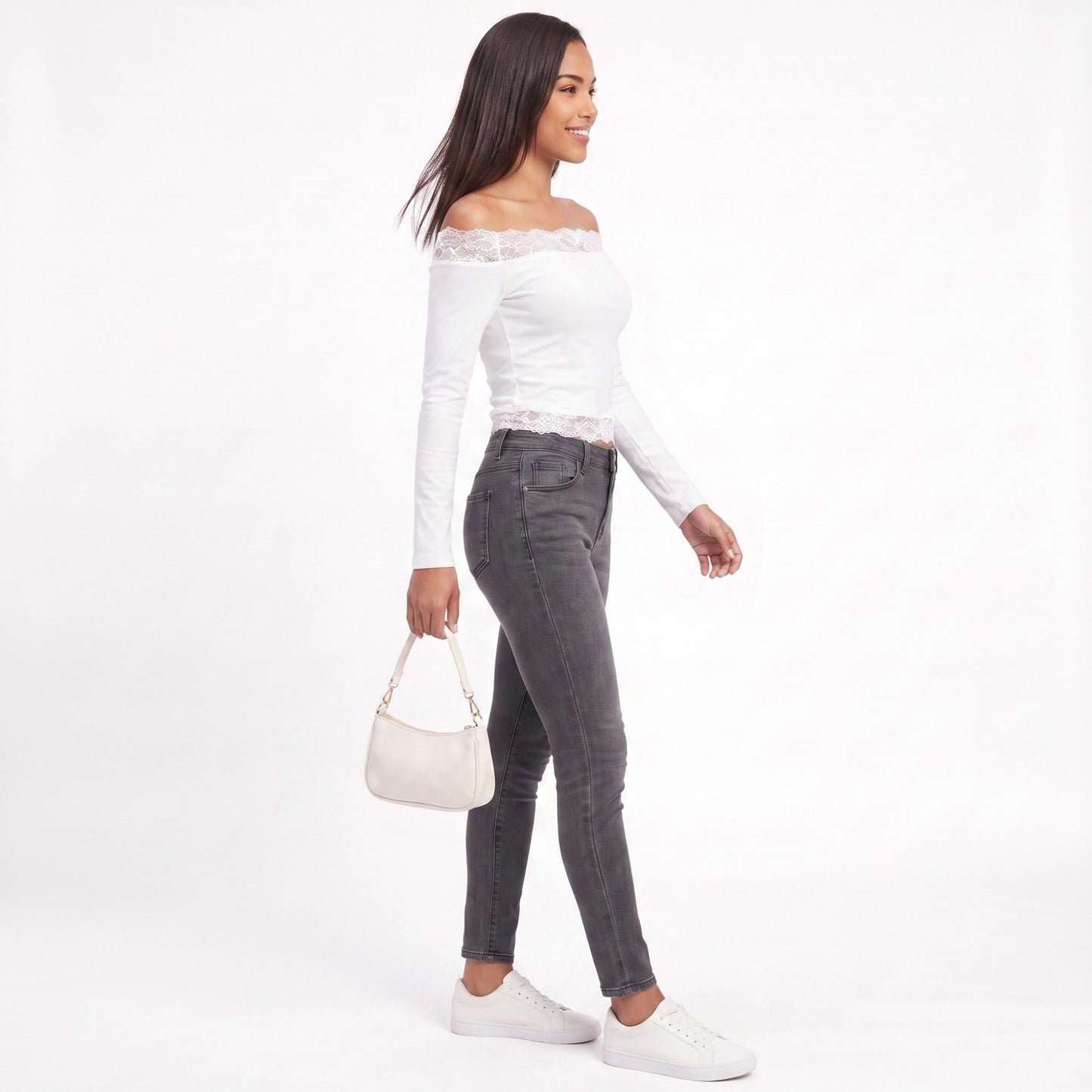 Off-the-Shoulder Lace Trim Long Sleeve Crop Top