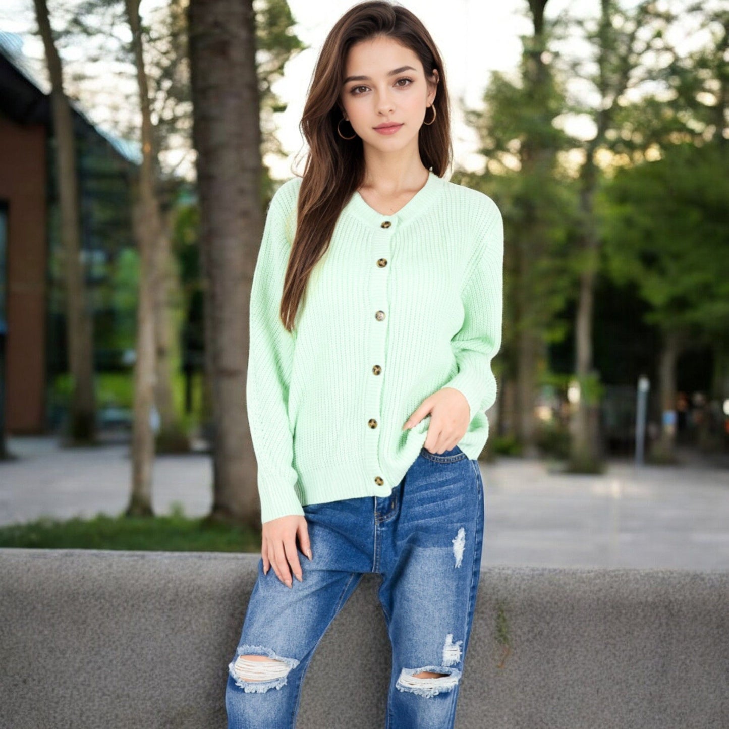 Button-Up Knit Cardigan with Long Sleeves