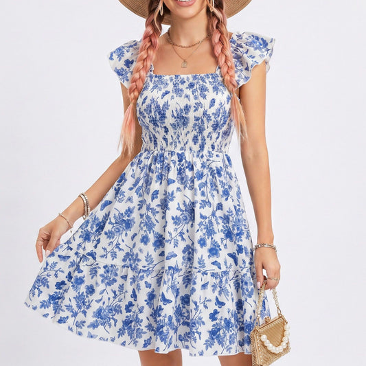 Floral Print Smocked Ruffle Strap Mini Dress