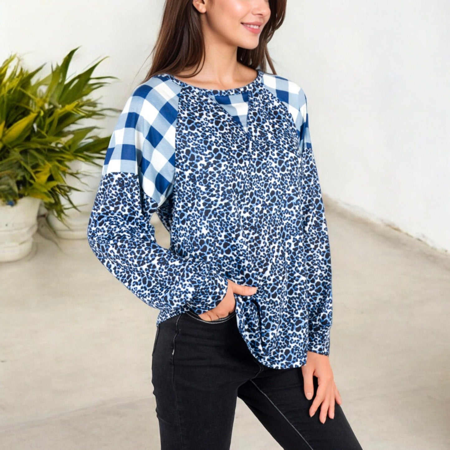 Mixed Print Long Sleeve Raglan Top Plaid Leopard Pattern