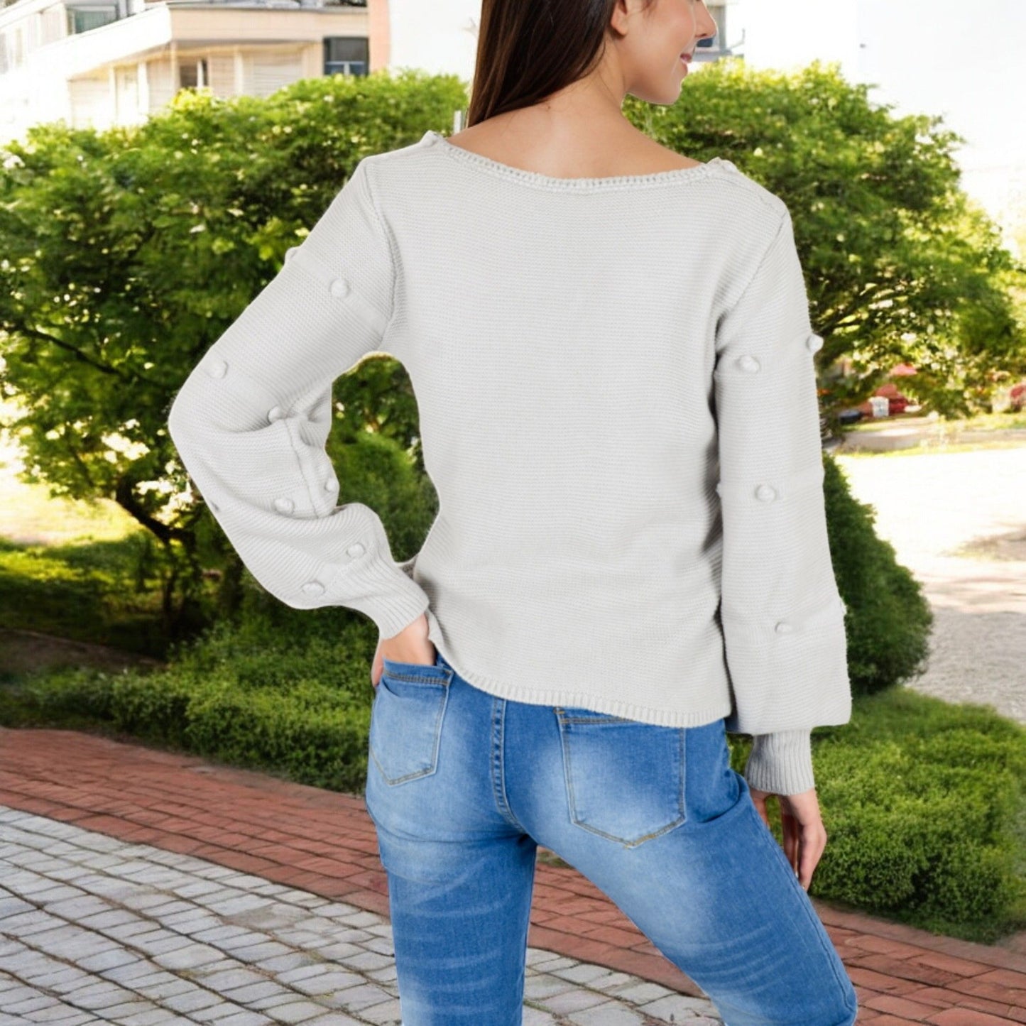 Textured Knit Sweater with Pom Pom Detailing Balloon Sleeves