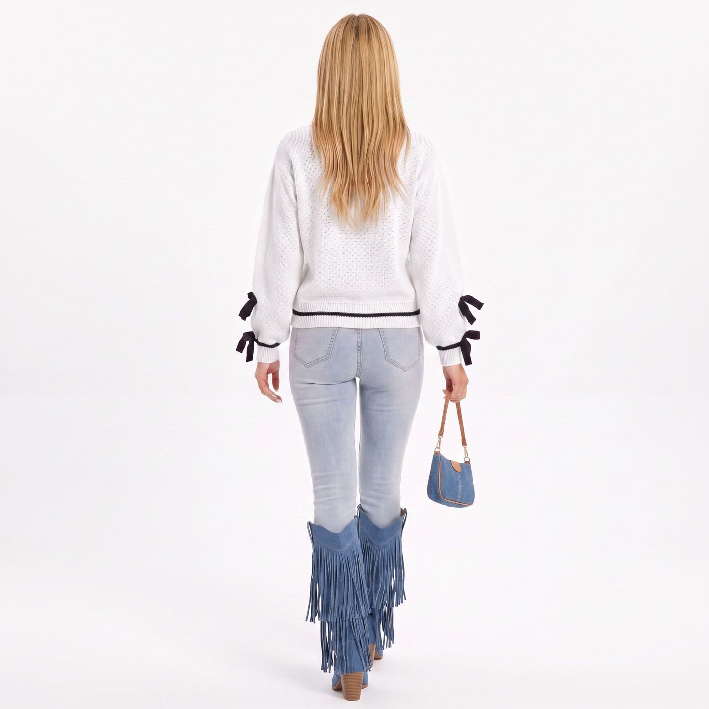 Pointelle Knit Bow Sleeve Crew Neck Long Sleeve Sweater