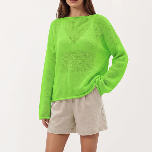 Women's Lightweight Open Knit Long Sleeve Sweater Top with Relaxed Fit and Subtle Sheer Texture