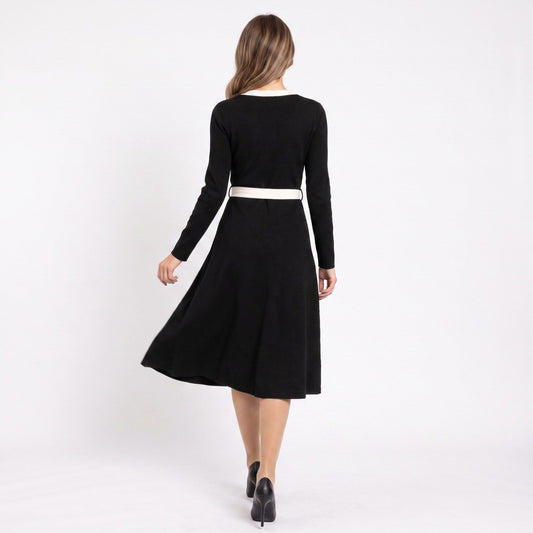 Black Contrast Trim V Neck Long Sleeve Belted Midi Dress
