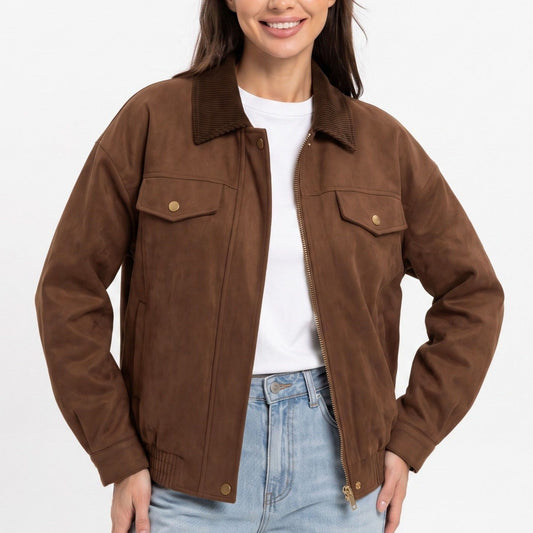 Utility Jacket Zip Front Contrast Collar Chest Pockets Relaxed Fit