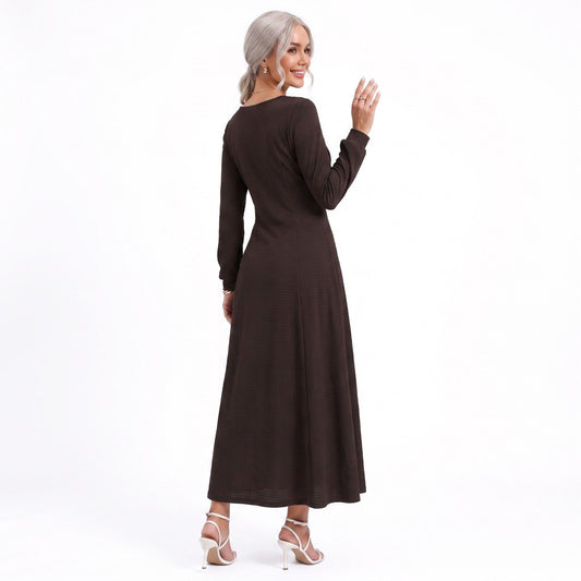 Tie Front Maxi Dress Square Neck Long Sleeve Fit and Flare Textured Dress