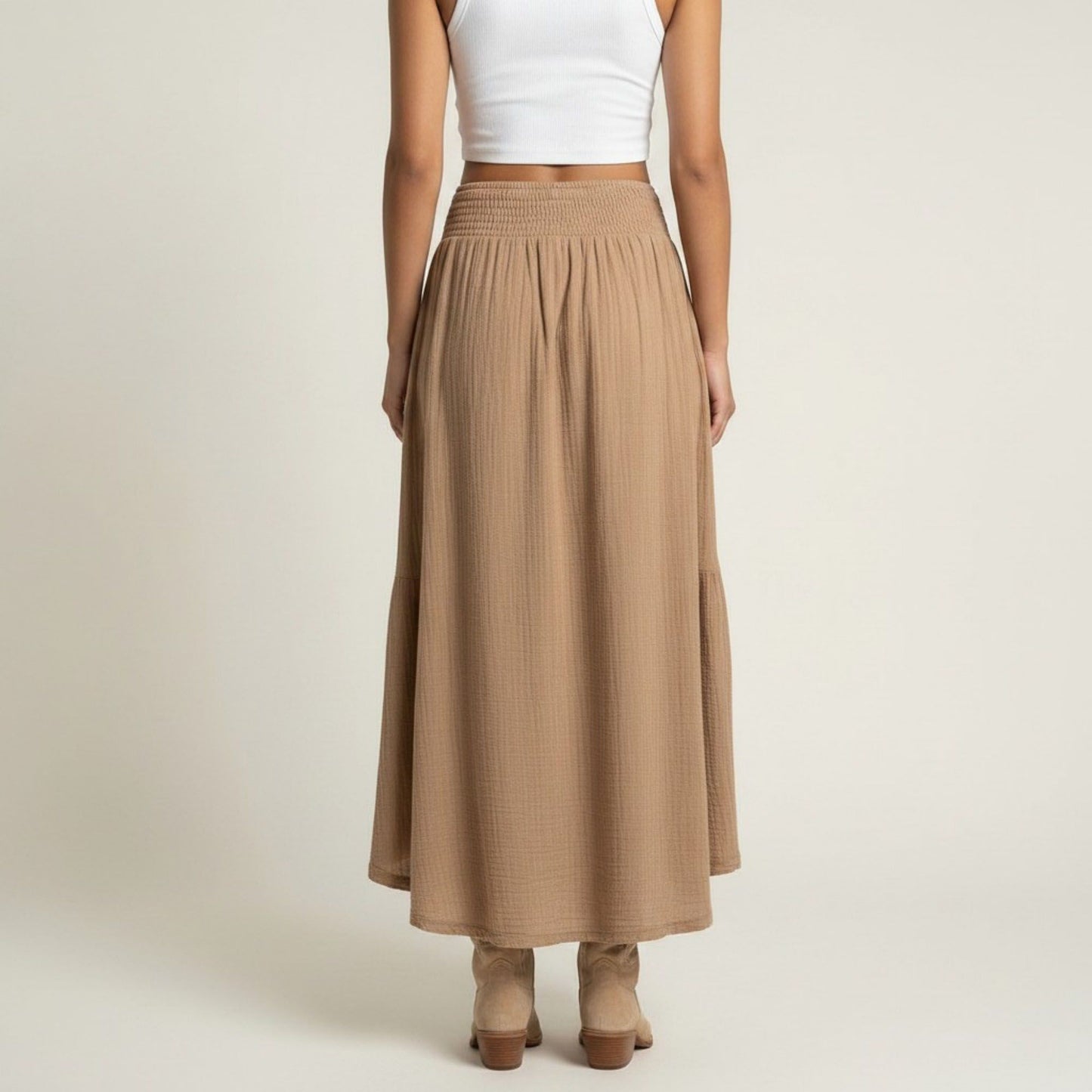 High Low Maxi Skirt Smocked Waist Tassel Tie Flowy Tiered Boho Casual Skirt
