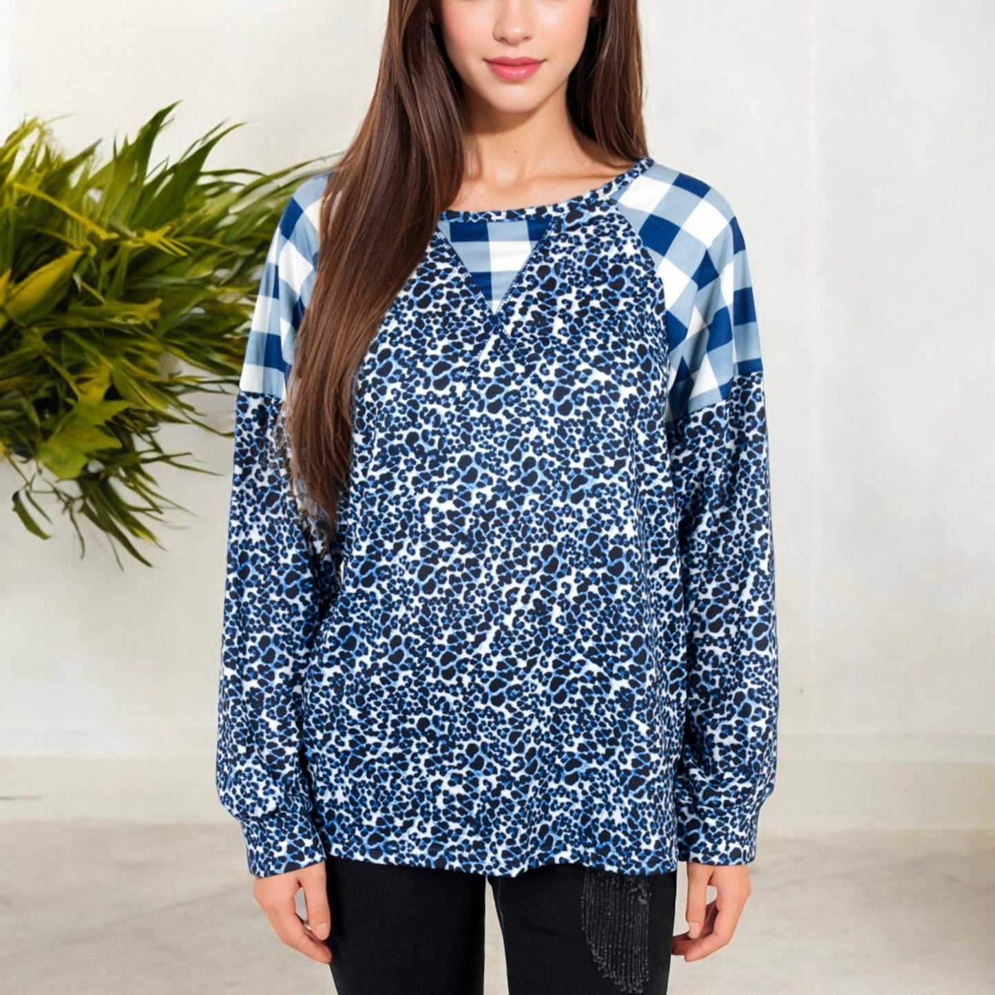 Mixed Print Long Sleeve Raglan Top Plaid Leopard Pattern