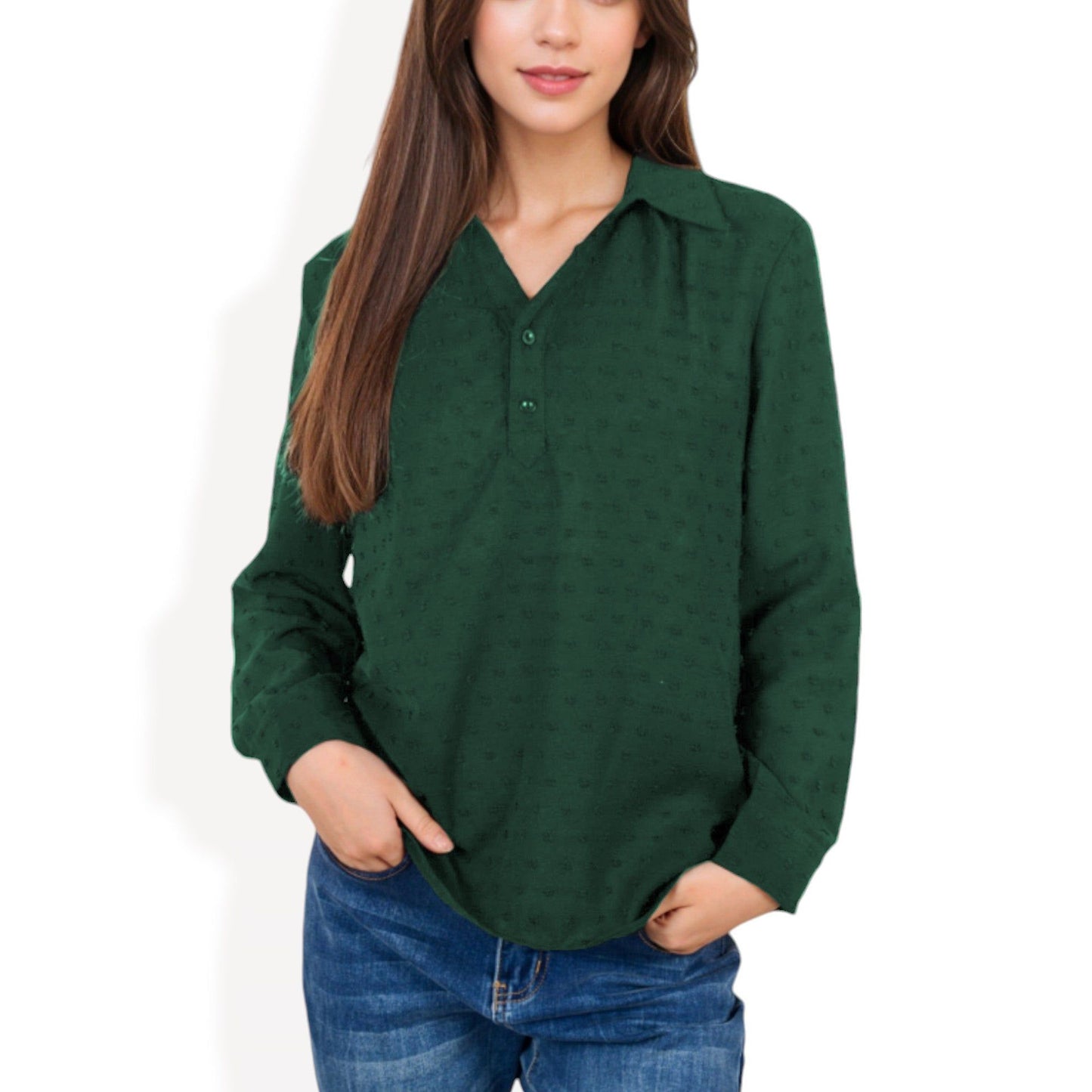 Long Sleeve Textured Blouse Button-Up Detail Spread Collar