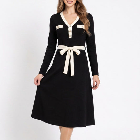 Black Contrast Trim V Neck Long Sleeve Belted Midi Dress