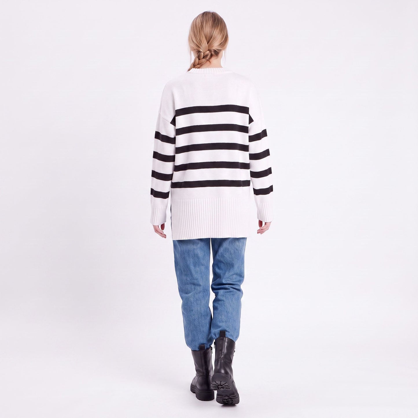 Oversized Striped Crewneck Side Slit Tunic Sweater