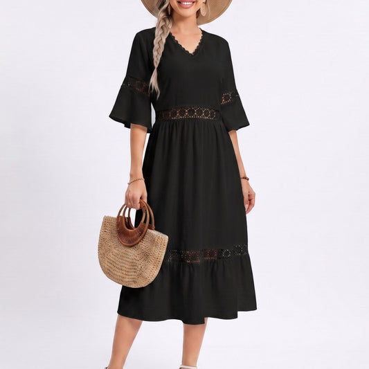 V-Neck Lace Trim Bell Sleeve Midi Dress