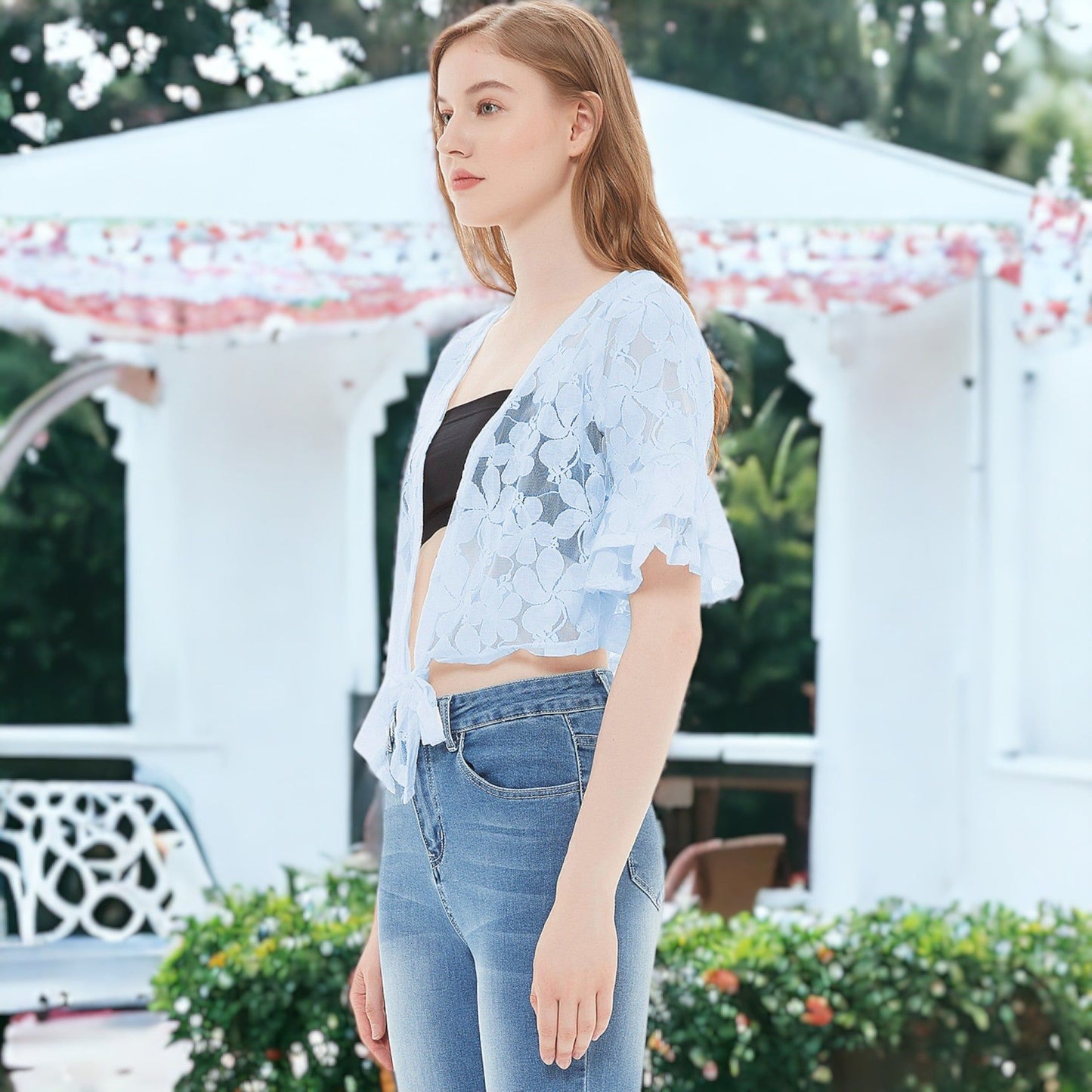 Crochet Floral Lace Short Sleeve Cropped Shrug