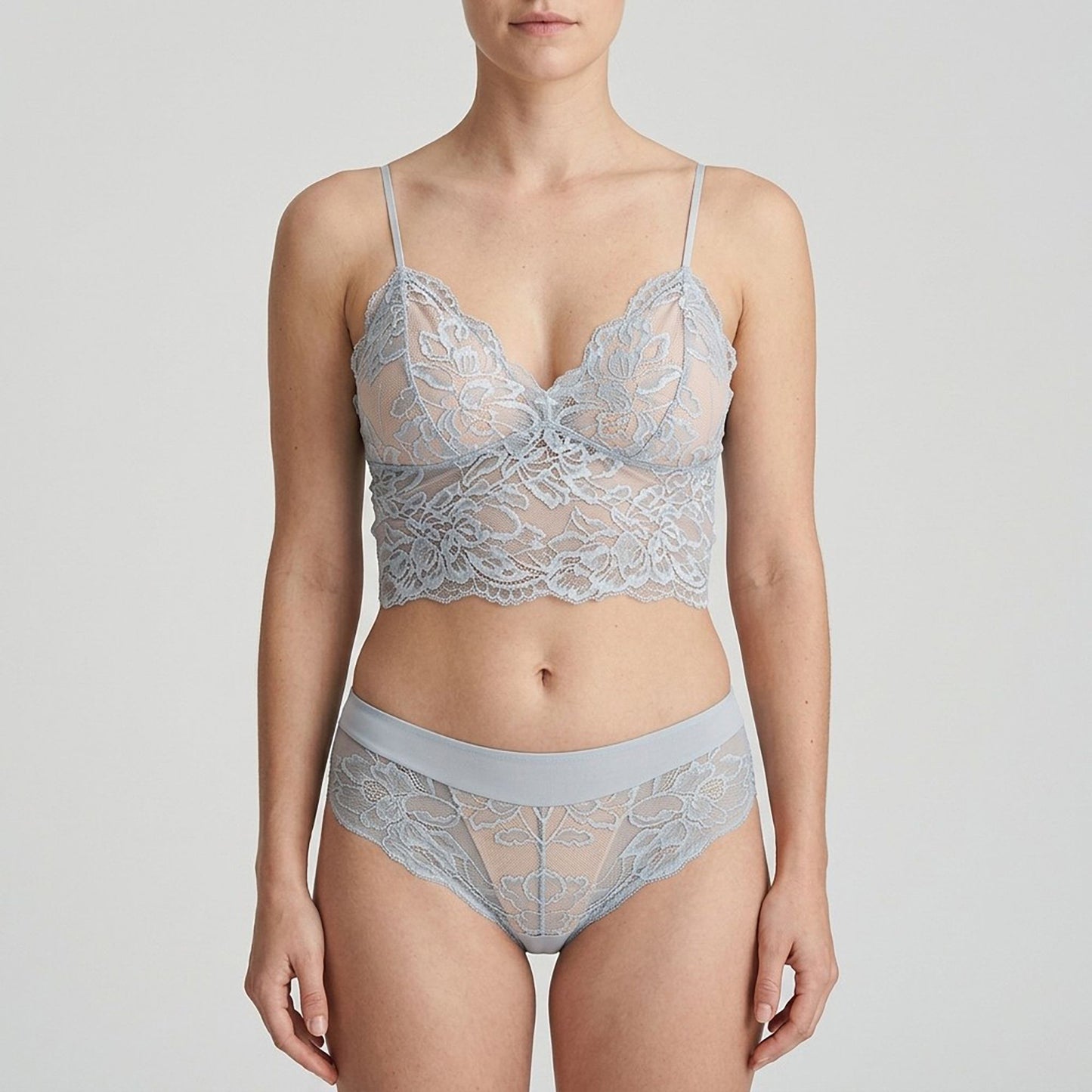 Floral Lace Longline Bralette and Matching Panty Two Piece Lingerie Set