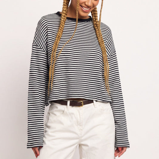 Striped Textured Knit Drop Shoulder Cropped Sweater