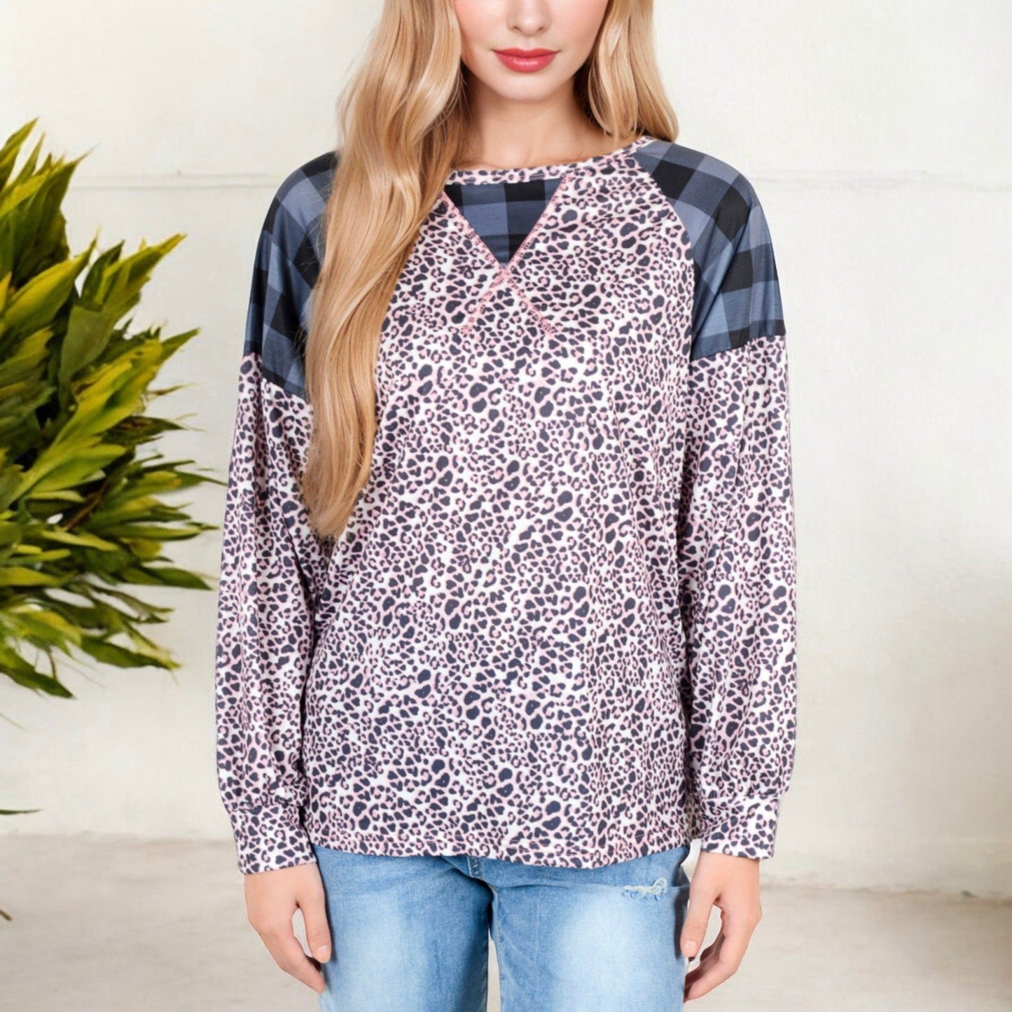 Mixed Print Long Sleeve Raglan Top Plaid Leopard Pattern